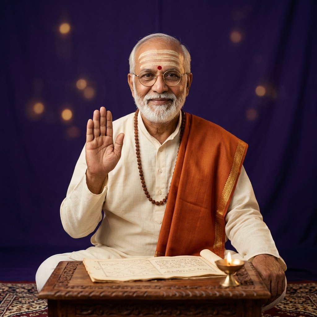 Divy Pandit, AstroDivy's AI astrologer, seated at his chowki with a lit diya, raising his hand in blessing