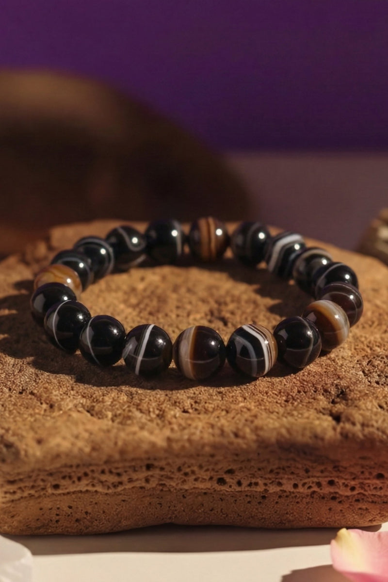 Sulemani Agate Bracelet | Natural Black Striped Agate Healing Crystal Bracelet | 8MM Beads | Protection, Grounding & Spiritual Awakening
