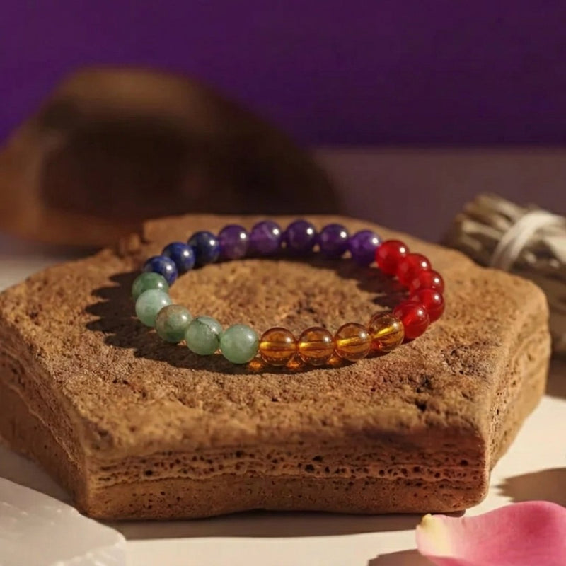 7 Chakra Healing Crystal Bracelet | Amethyst, Lapis Lazuli, Turquoise, Green Aventurine, Tiger Eye, Citrine & Red Agate | 8MM Natural Stone Bracelet