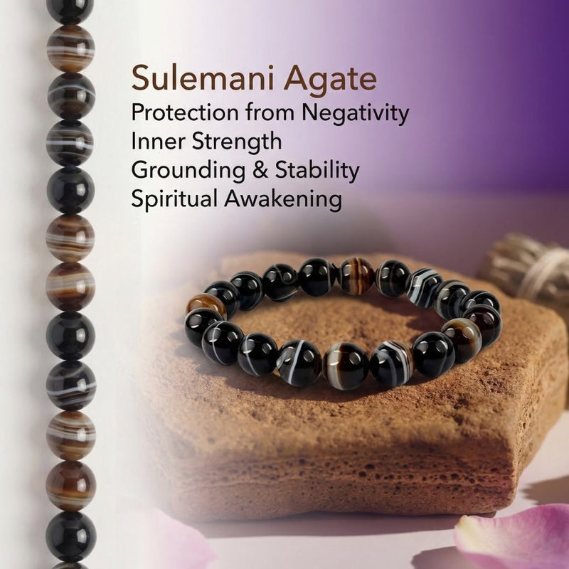 Sulemani Agate Bracelet | Natural Black Striped Agate Healing Crystal Bracelet | 8MM Beads | Protection, Grounding & Spiritual Awakening
