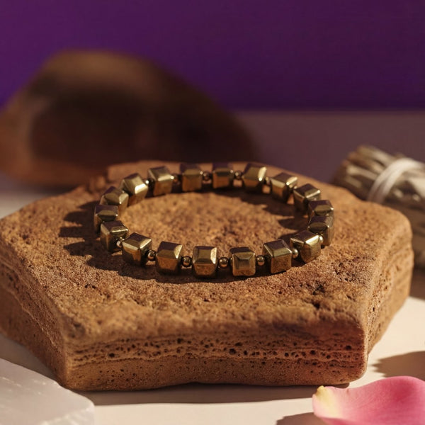 Golden Pyrite Cube Bead Bracelet | Manifestation, Abundance & Willpower Healing Crystal Bracelet