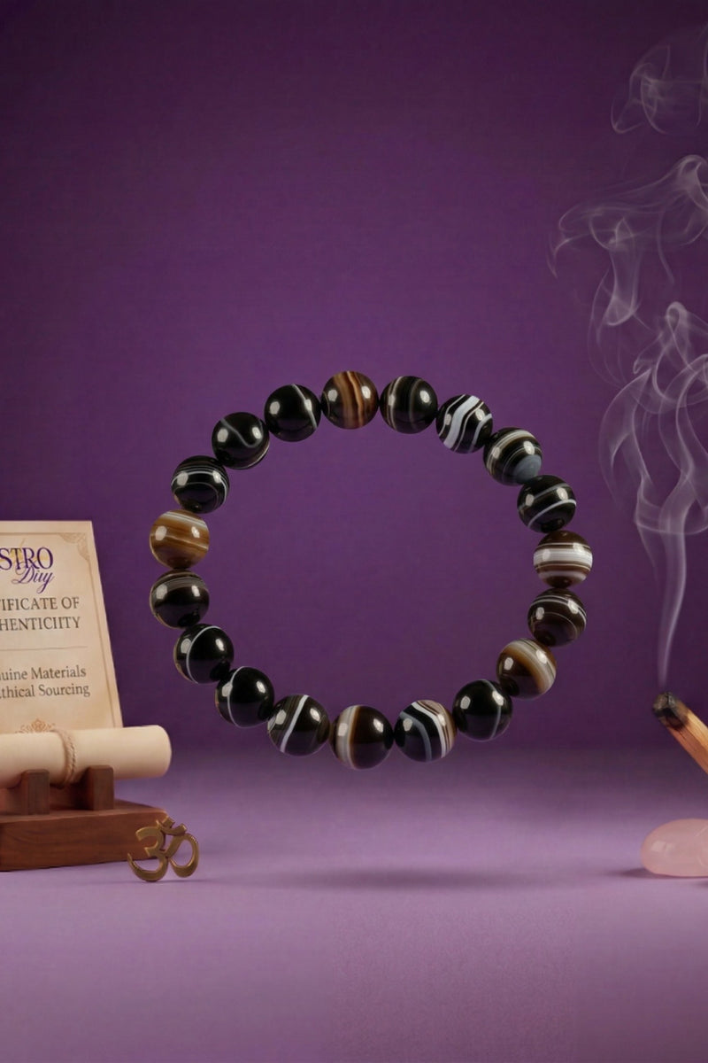 Sulemani Agate Bracelet | Natural Black Striped Agate Healing Crystal Bracelet | 8MM Beads | Protection, Grounding & Spiritual Awakening