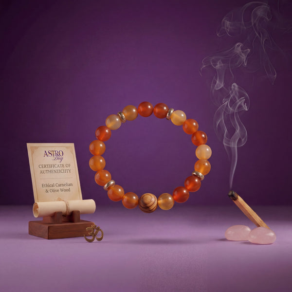 Carnelian & Olive Wood Bracelet | 8MM Natural Stone Healing Crystal Bracelet for Vitality, Courage & Motivation