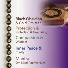 Black Obsidian Om Mani Bracelet | Gold Engraved Om Symbol | Protection & Grounding Healing Crystal Bracelet