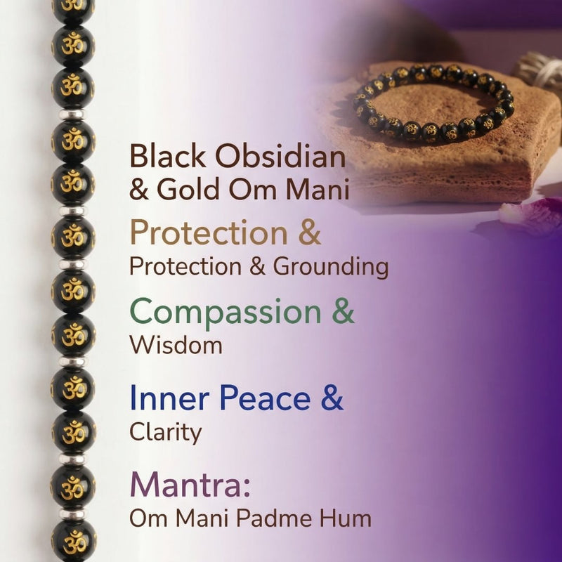 Black Obsidian Om Mani Bracelet | Gold Engraved Om Symbol | Protection & Grounding Healing Crystal Bracelet