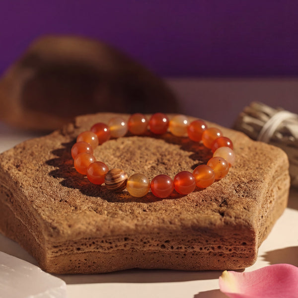 Carnelian & Olive Wood Bracelet | 8MM Natural Stone Healing Crystal Bracelet for Vitality, Courage & Motivation
