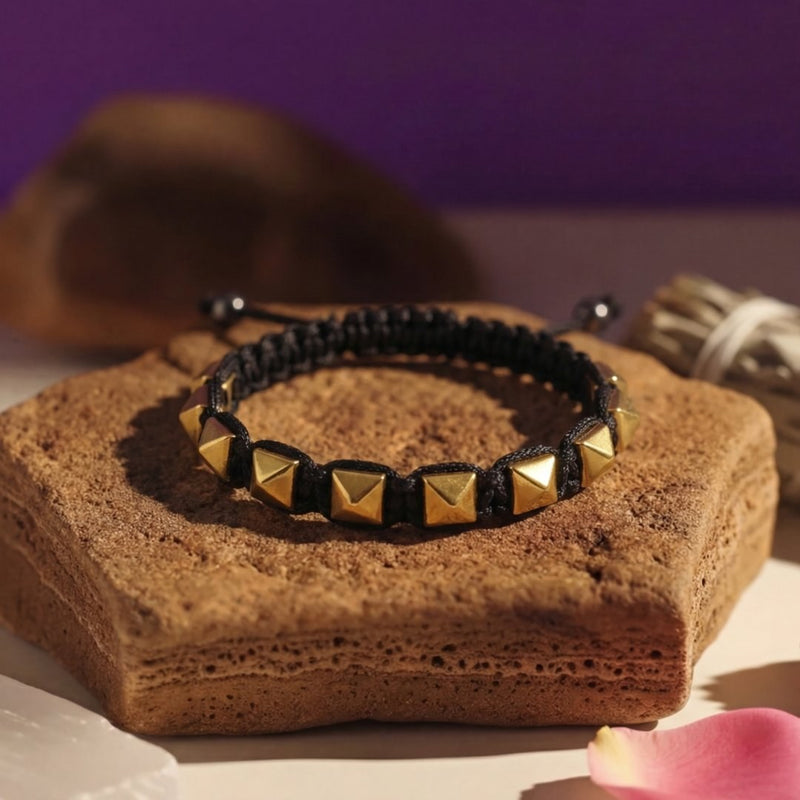 Golden Pyramid Pyrite Bracelet | Abundance, Confidence & Protection | Adjustable Macramé