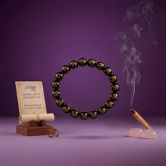 Black Obsidian Om Mani Bracelet | Gold Engraved Om Symbol | Protection & Grounding Healing Crystal Bracelet