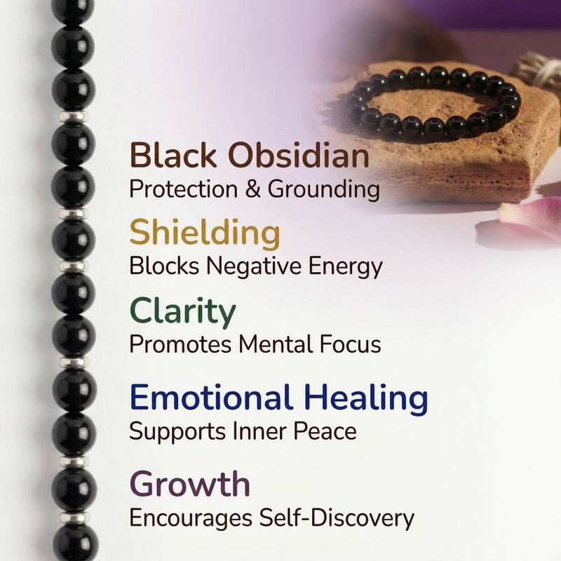 Black Obsidian Crystal Bracelet 8MM | Protection, Grounding & Emotional Healing | Natural Stone Bracelet