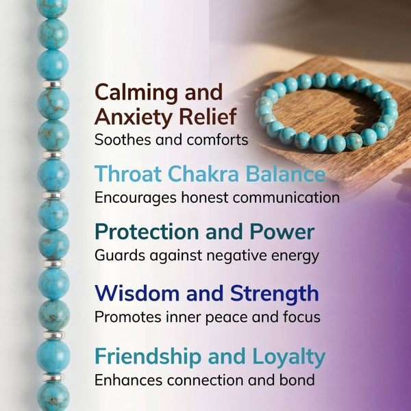 Turquoise Crystal Bracelet | 8MM Natural Stone Beads | Throat Chakra Healing & Protection Bracelet