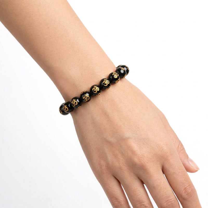 Black Obsidian Om Mani Bracelet | Gold Engraved Om Symbol | Protection & Grounding Healing Crystal Bracelet