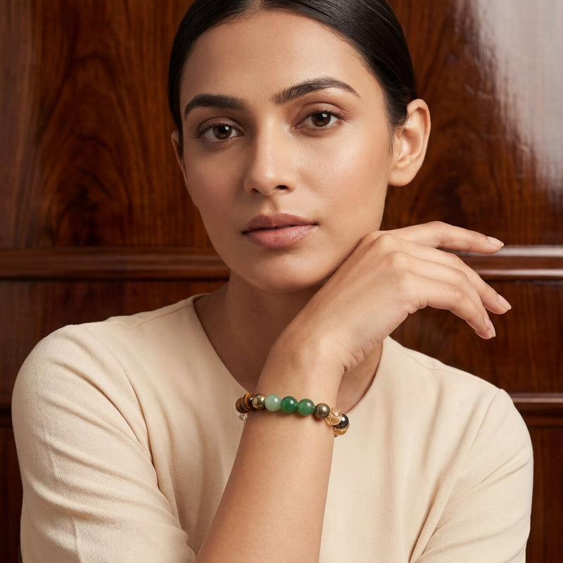 Dhan Yog Money Magnet Bracelet | Green Jade, Tiger Eye, Citrine, Pyrite & Golden Hematite | 8MM Natural Stone Healing Crystal Bracelet