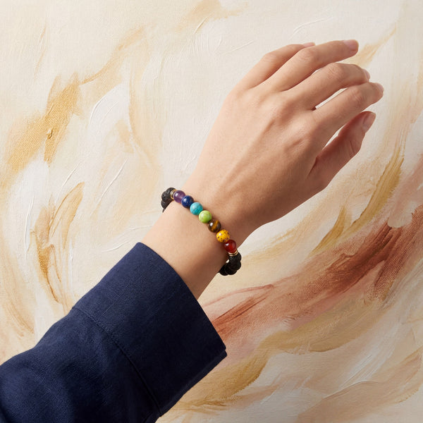 7 Chakra Healing Crystal Bracelet with Lava Stone | Amethyst, Lapis, Turquoise, Tiger Eye, Red Agate & Amber | 8MM Natural Stone Bracelet