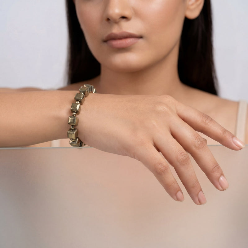 Golden Pyrite Cube Bead Bracelet | Manifestation, Abundance & Willpower Healing Crystal Bracelet