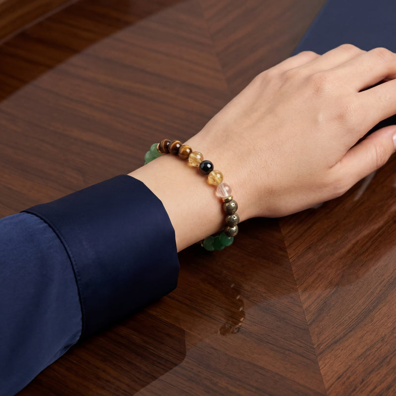 Dhan Yog Money Magnet Bracelet | Green Jade, Tiger Eye, Citrine, Pyrite & Golden Hematite | 8MM Natural Stone Healing Crystal Bracelet