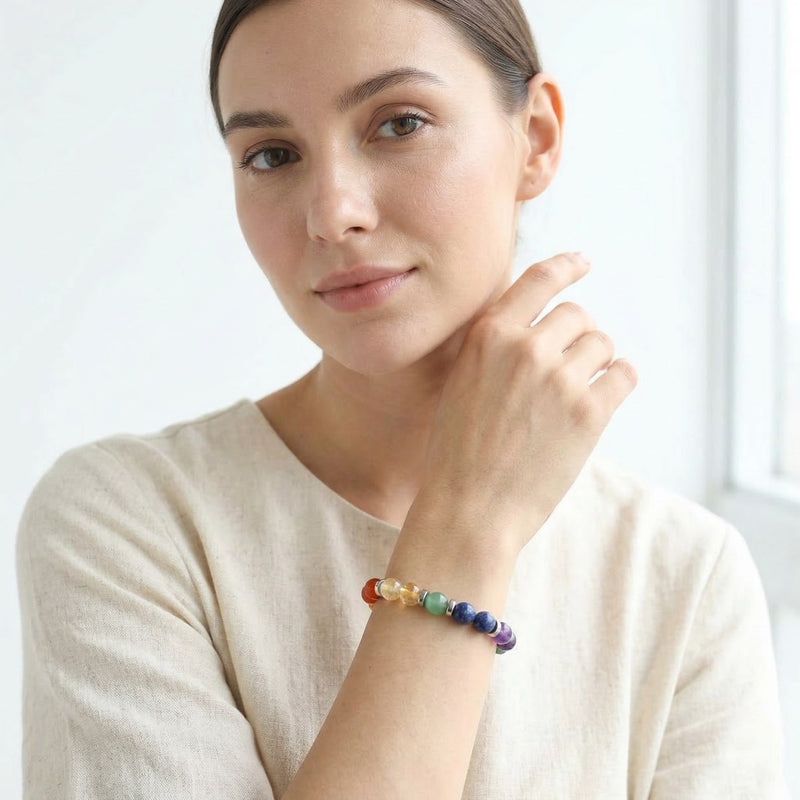 7 Chakra Healing Crystal Bracelet | Amethyst, Lapis Lazuli, Turquoise, Green Aventurine, Tiger Eye, Citrine & Red Agate | 8MM Natural Stone Bracelet