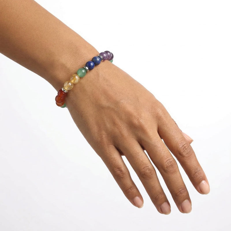 7 Chakra Healing Crystal Bracelet | Amethyst, Lapis Lazuli, Turquoise, Green Aventurine, Tiger Eye, Citrine & Red Agate | 8MM Natural Stone Bracelet