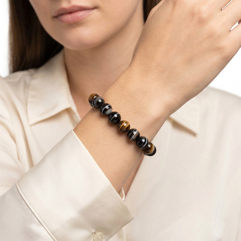 Sulemani Agate Bracelet | Natural Black Striped Agate Healing Crystal Bracelet | 8MM Beads | Protection, Grounding & Spiritual Awakening