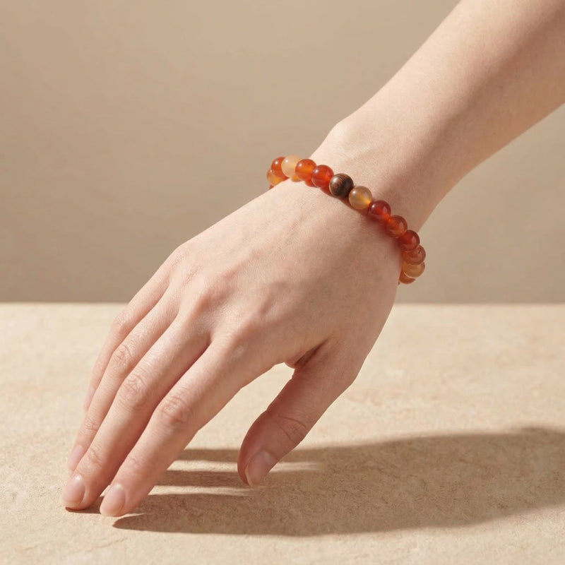 Carnelian & Olive Wood Bracelet | 8MM Natural Stone Healing Crystal Bracelet for Vitality, Courage & Motivation