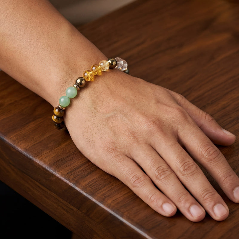Dhan Yog Money Magnet Bracelet | Green Jade, Tiger Eye, Citrine, Pyrite & Golden Hematite | 8MM Natural Stone Healing Crystal Bracelet