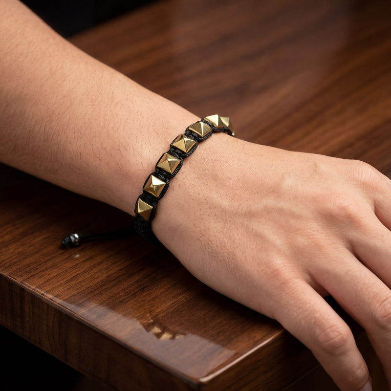 Golden Pyramid Pyrite Bracelet | Abundance, Confidence & Protection | Adjustable Macramé